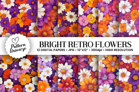12 Bold Retro Flowers, Orange and Purple Floral Pattern Ai Generated Perfect for Gift wrapping, Greeting Cards, Invitations, Tumbler Wraps, Junk Journal Backgrounds, Wall Art, Scrapbook and many other craft projects