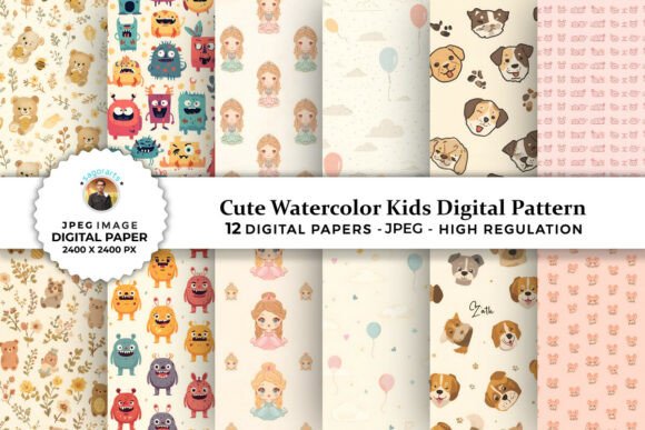 Cute Kids Watercolor Digital Patterns