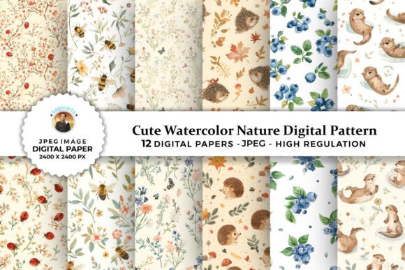 Cute Watercolor Nature Digital Patterns