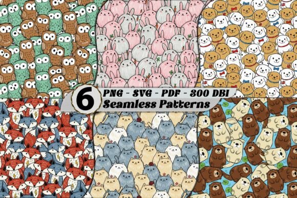 Enhancing Creativity with Cute Doodle Animal Bundle Patterns SVG and 6 Seamless Pattern Set Digital Downloads