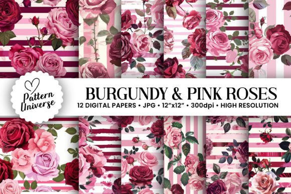 Pink Burgundy Roses Stripes Patterns