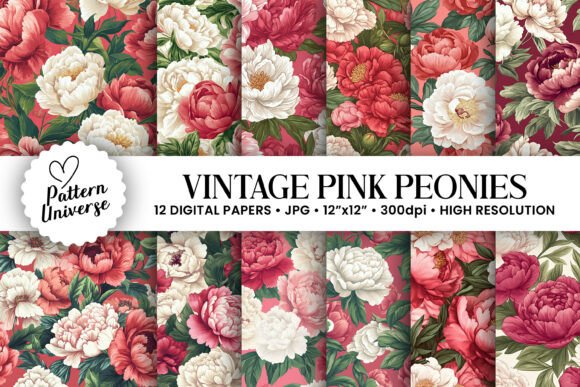 Vintage Pink White Peony Floral Patterns